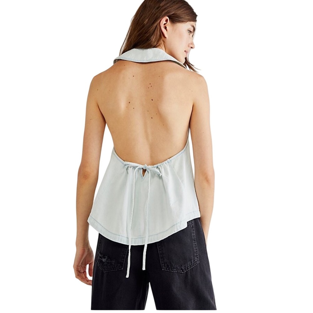 Free People Kiyra Denim Top Vest S Denim Blue Collar Backless Tie Cottagecore - Picture 13 of 14